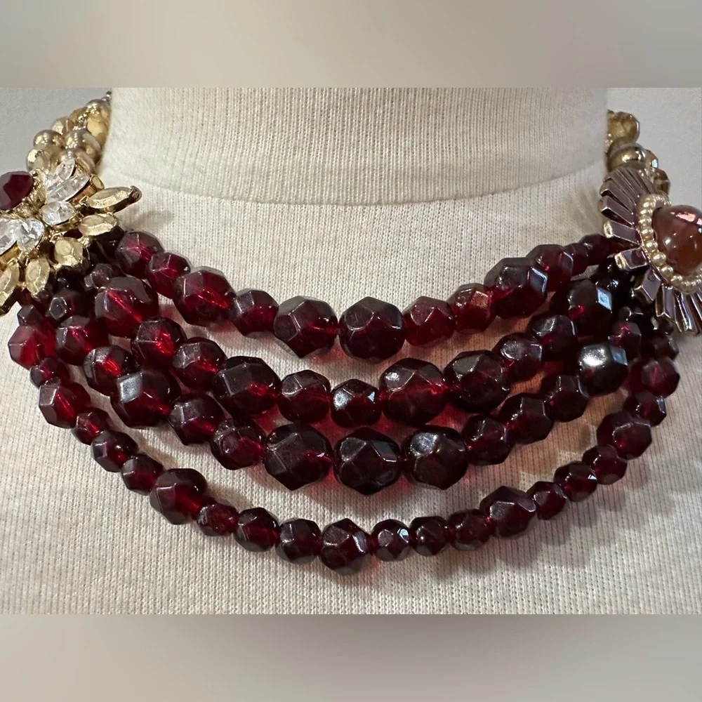 Vintage Multi-Strand Statement Necklace with Velvet Ribbon Accent, Burgundy